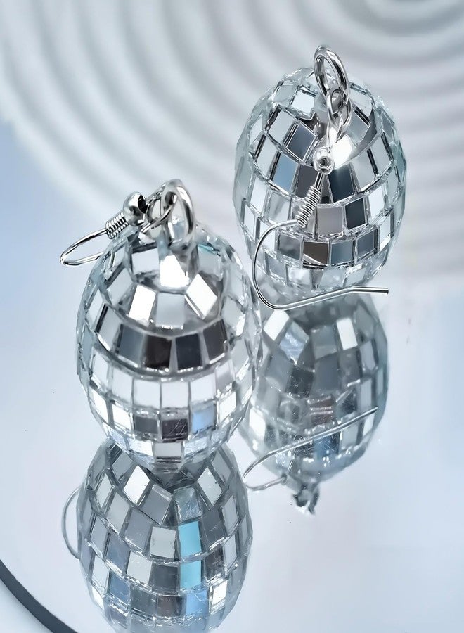 CNTVO Disco Ball Earrings for Women - Sparkle Silver Mirrorball Acrylic Dangle Earrings, Perfect with 70s Disco Outfits for Women, 80s Costume Party & Dance Accessories - Image 3